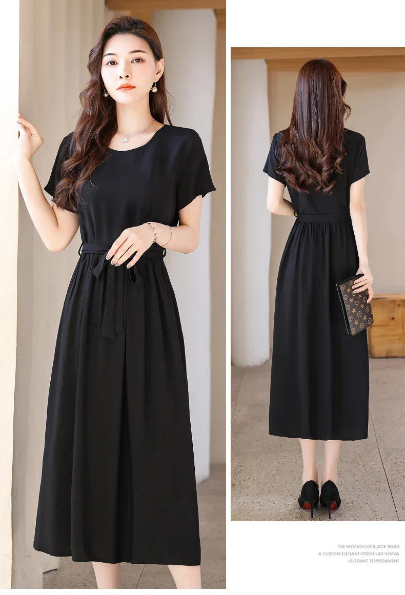New Fashion Summer Dresses For Women 2025 Elegant Casual Short Sleeve Midi Dress Soild Colour Women Clothing