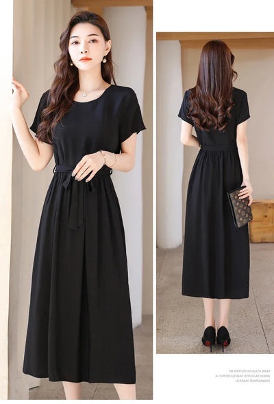 New Fashion Summer Dresses For Women 2025 Elegant Casual Short Sleeve Midi Dress Soild Colour Women Clothing