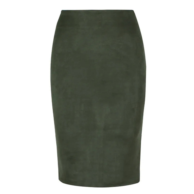 Women's suede solid color pencil skirt, spring and summer high waisted tight fitting retro suede split thick elastic skirt