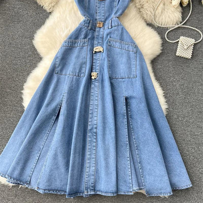 Designer Denim Dress Women Long Dresses Single Breasted Big Turn-down Collar Waist Slimming Temperament Split A-Line Vestidos