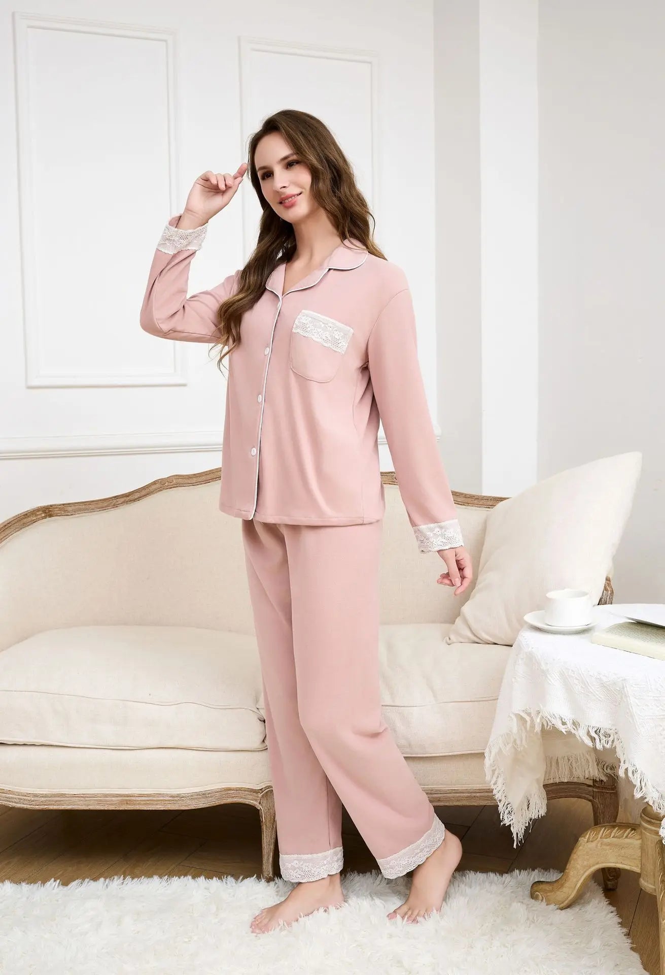 Autumn and Winter Women' Homewear Velour Fabric Collared Lace Trim with Pocketed Long-Sleeved Top Trousers Casual Warm Pyjamas