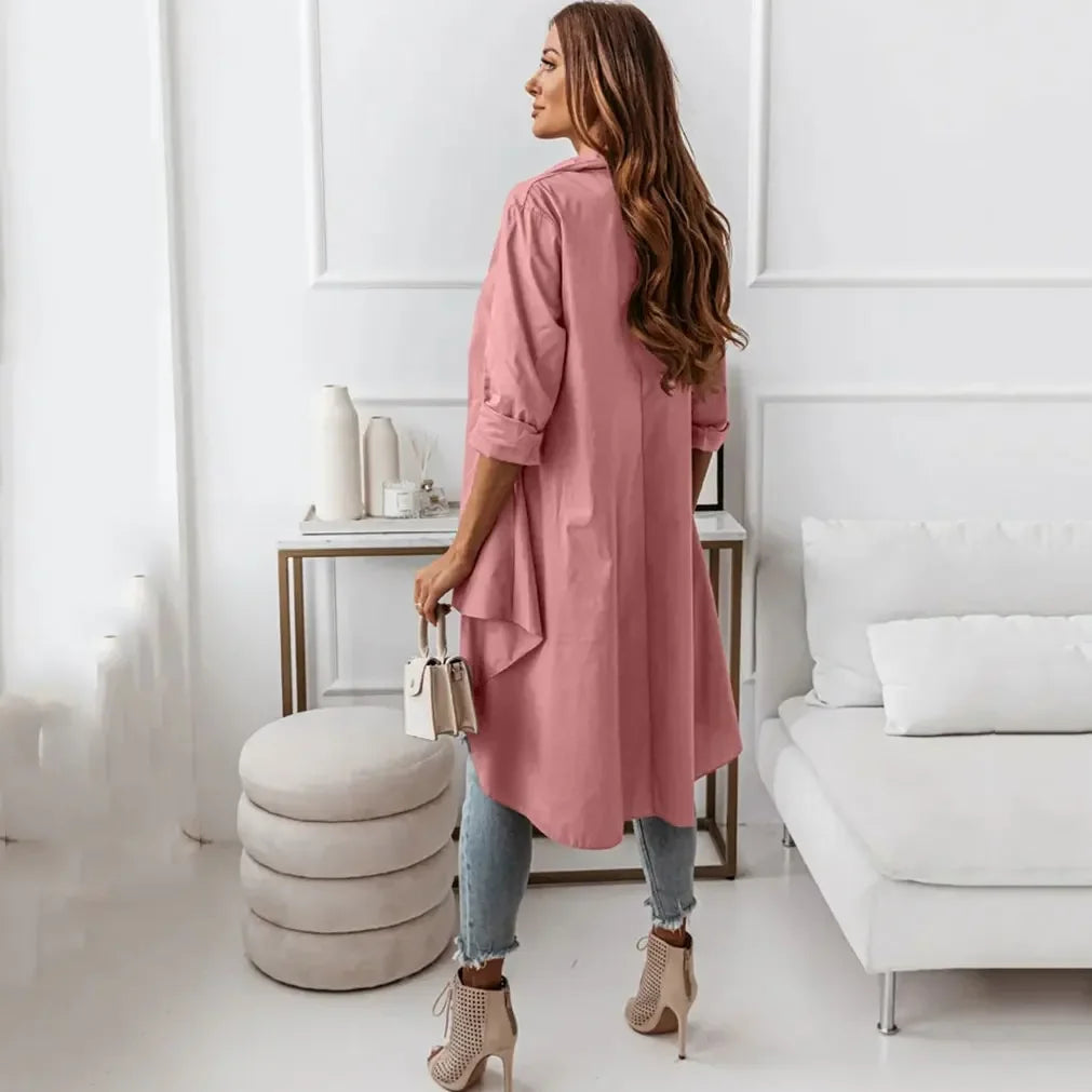 Casual Shirts Women Vintage Long Shirts Fashion Asymmetrical Front Short Back Long Blouse Autumn Long Sleeve Casual Blouse