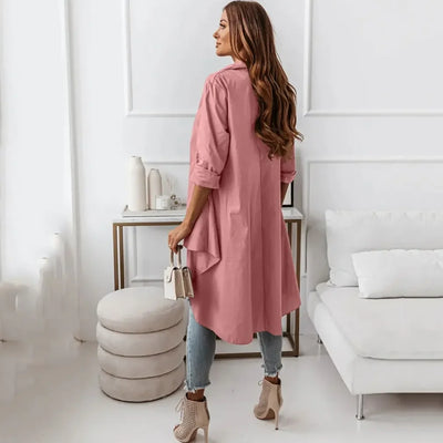 Casual Shirts Women Vintage Long Shirts Fashion Asymmetrical Front Short Back Long Blouse Autumn Long Sleeve Casual Blouse