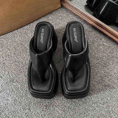 Women's Summer Outdoor Platform Sandals Flip Flops High Heel Thi Bot Clog oes Heightening Slippers Korean Sle PU Mat...