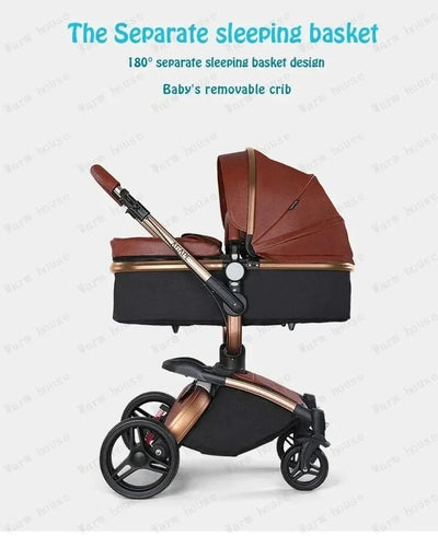 3-in-1 Luxury High-view Baby Stroller with Car Seat Foldable Newborn Baby Stroller PU Leather Two-way Baby Stroller