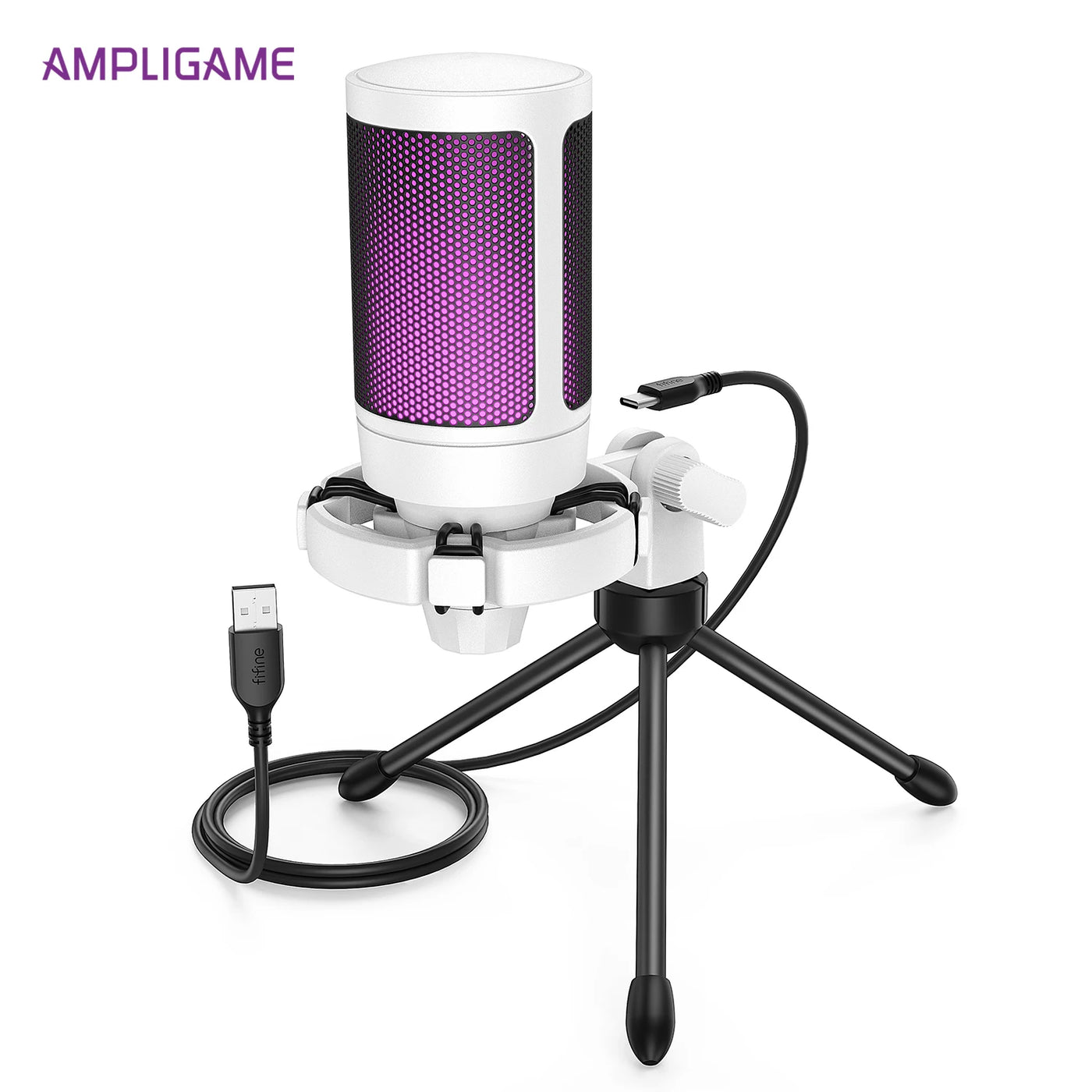AmpliGame USB Gaming Microphone with Quick Mute,RGB Condenser Mic with Tripod for PC,PS5,Laptop Streaming Podcasting -A2W White