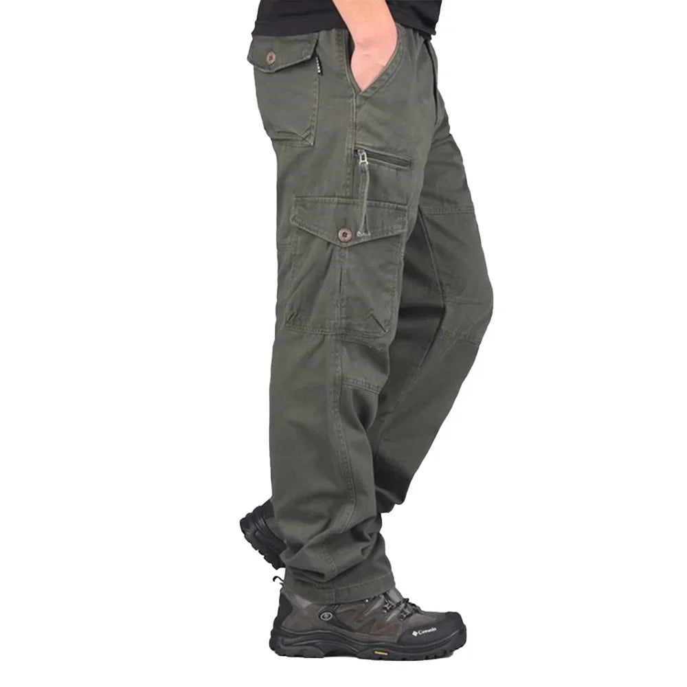 2025 Cargo Pants Men 100% Cotton Multiple Pockets Elastic Waist Casual Trousers Outdoor Hiking Climbing Mountains Men's Pants