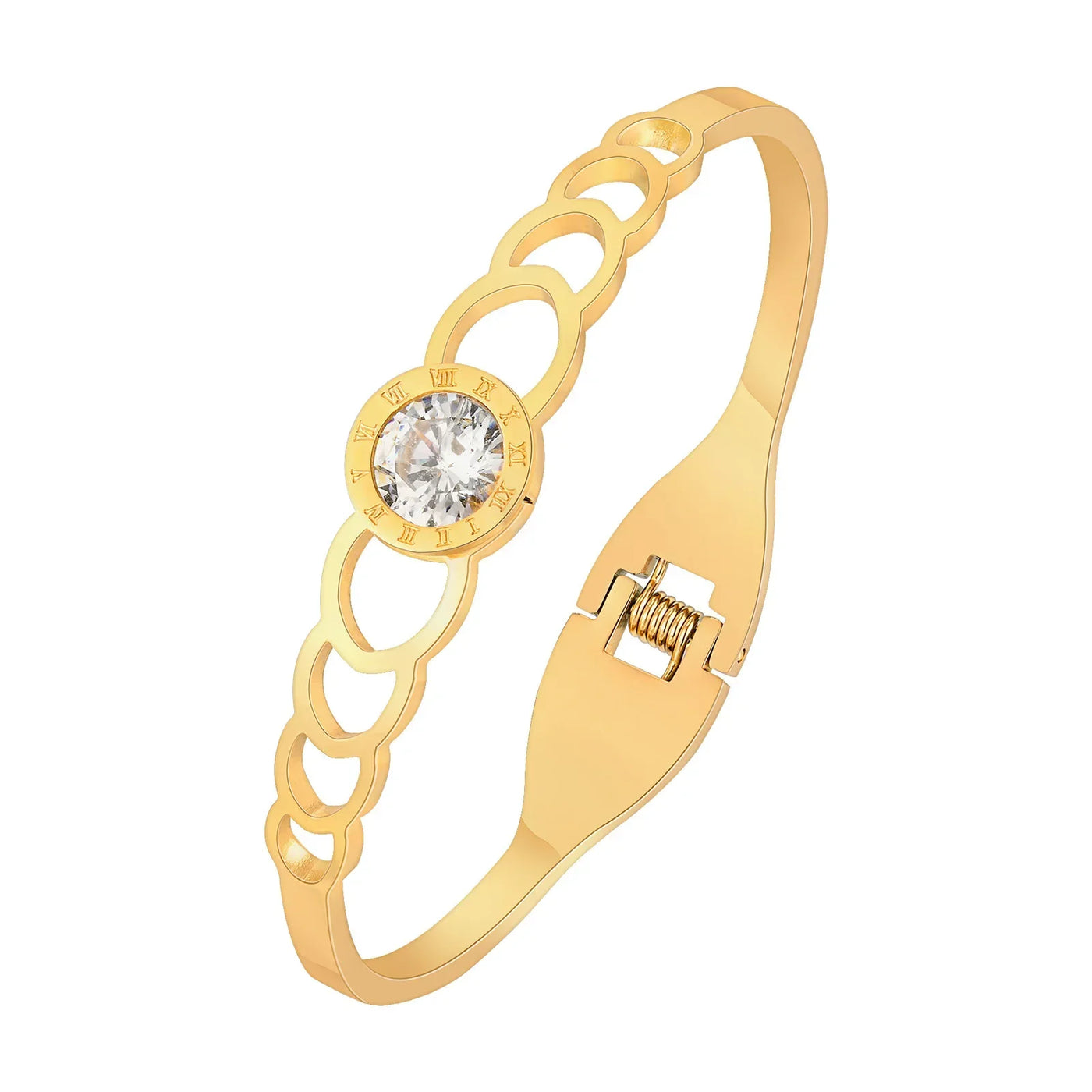 Statement Bangles Gold Plated, Star With Ball Charms Roman Numeral Rhinestone Bracelet, Elegant Party Jewelry for Women