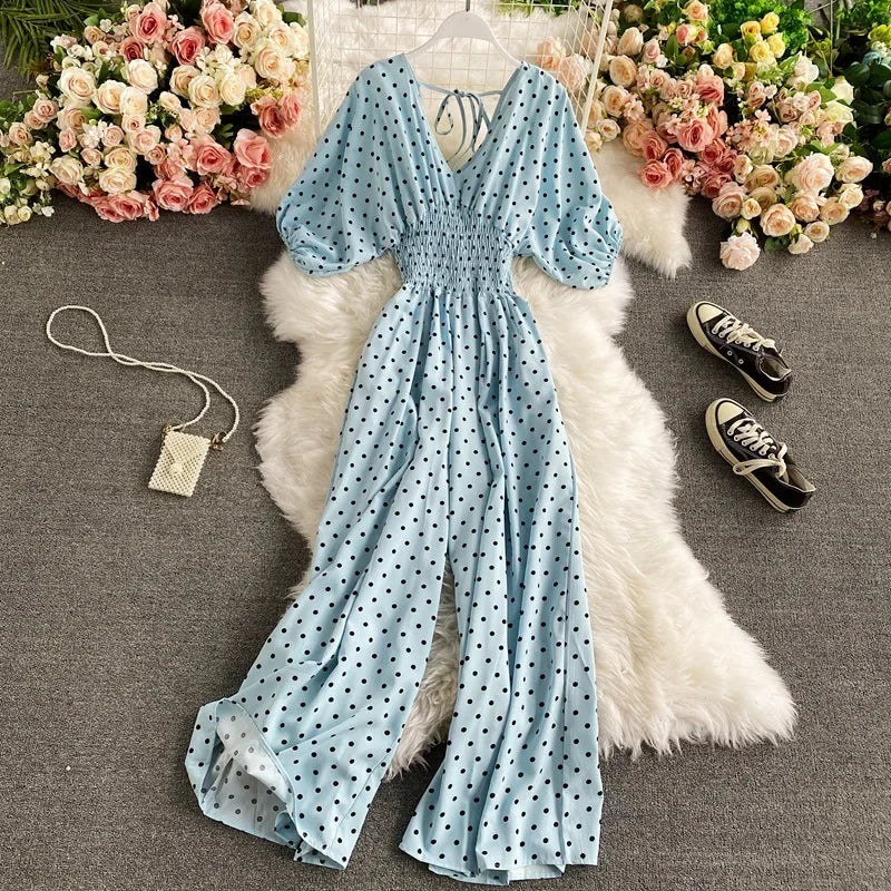 V Neck Sexy Dolman Sleeves Waist Slim Polka Dot Print Jumpsuit Women Wide Leg Trousers Jumpsuit