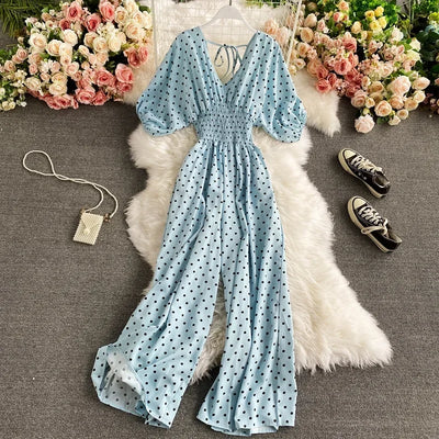 V Neck Sexy Dolman Sleeves Waist Slim Polka Dot Print Jumpsuit Women Wide Leg Trousers Jumpsuit