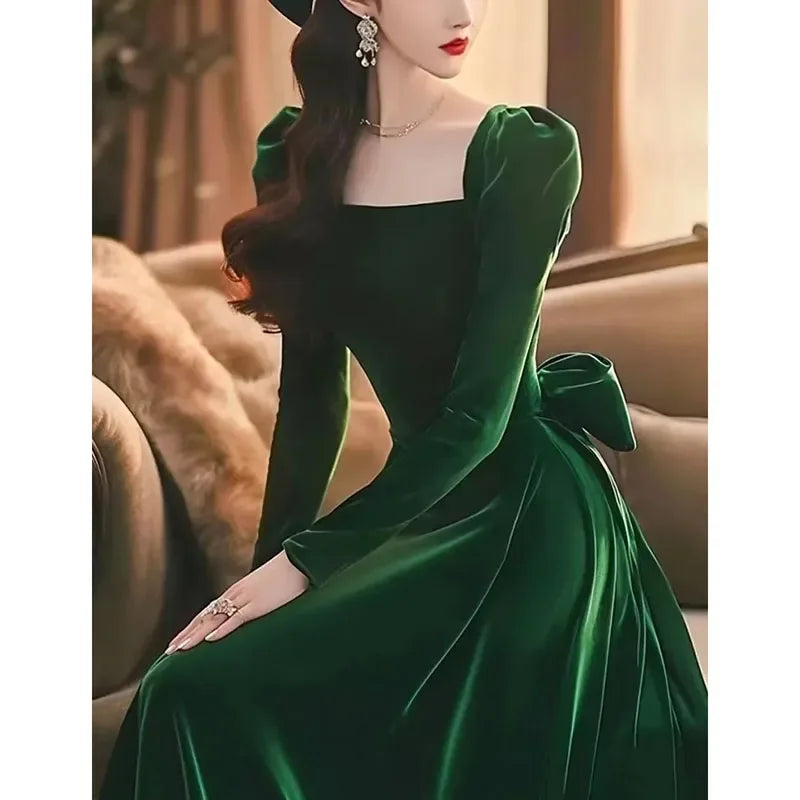 Fashion Beautiful Golden Velvet Women Vintage Dress 2025 Autumn Winter High-quality Elegant Versatile Dresses Ladies Vestidos