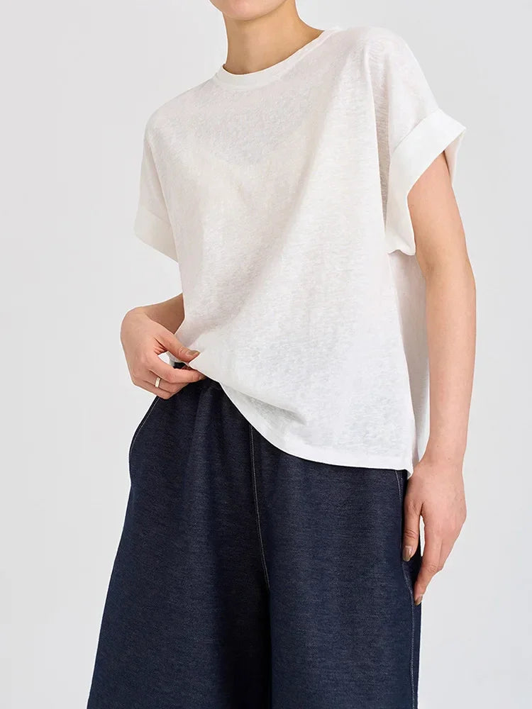 Women Linen Tops Crew Neck