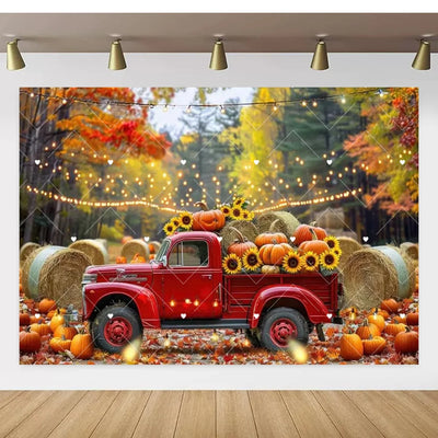 Autumn Thanksgiving Party Photo Backdrop Farm Harvest Maple Leaves Sunflowers Scarecrow Pumpkin Backdrop Poster Studio Photozone