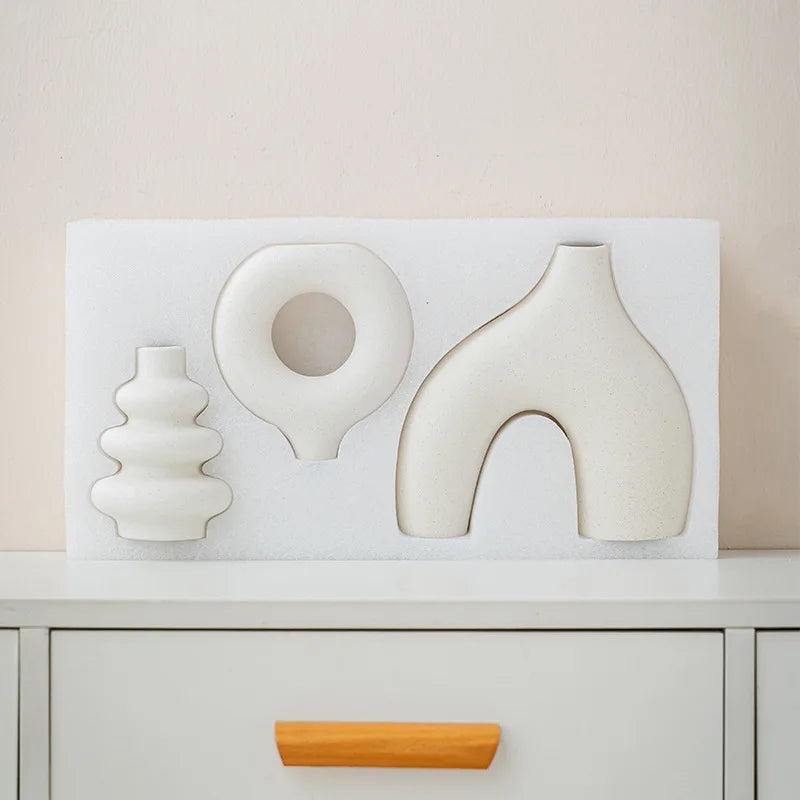 Bohemian Ceramic Vases Set of 3 White Round Geometric Design Handmade Terracotta Flower Pot Home Decor