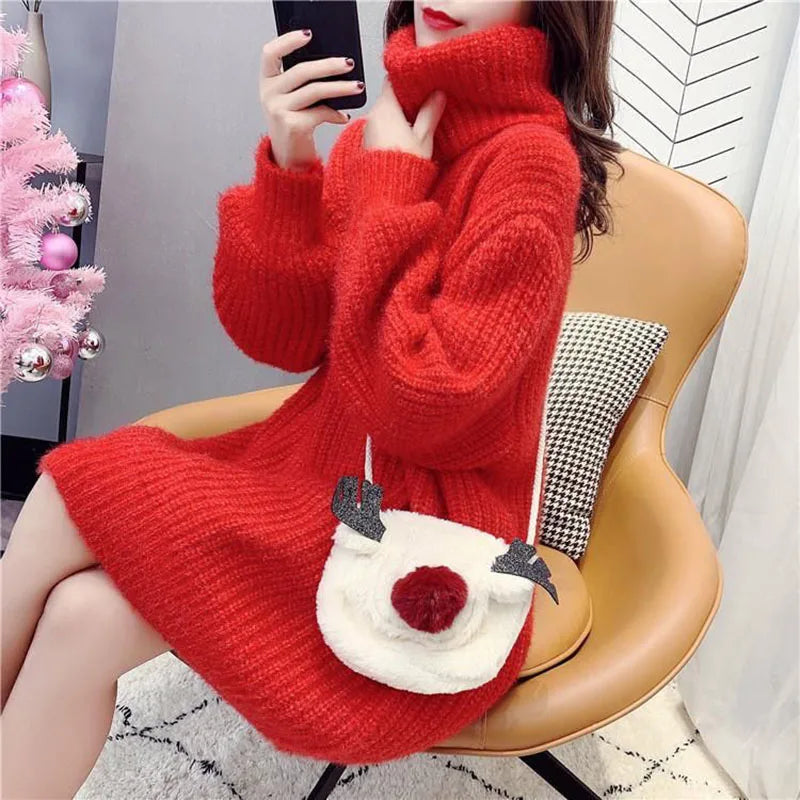 Turtleneck Pullover Sweater Dress Women's Outer Wear 2025 New Autumn Winter Fashion Loose Warm Mid-length Knitted Coat Tops