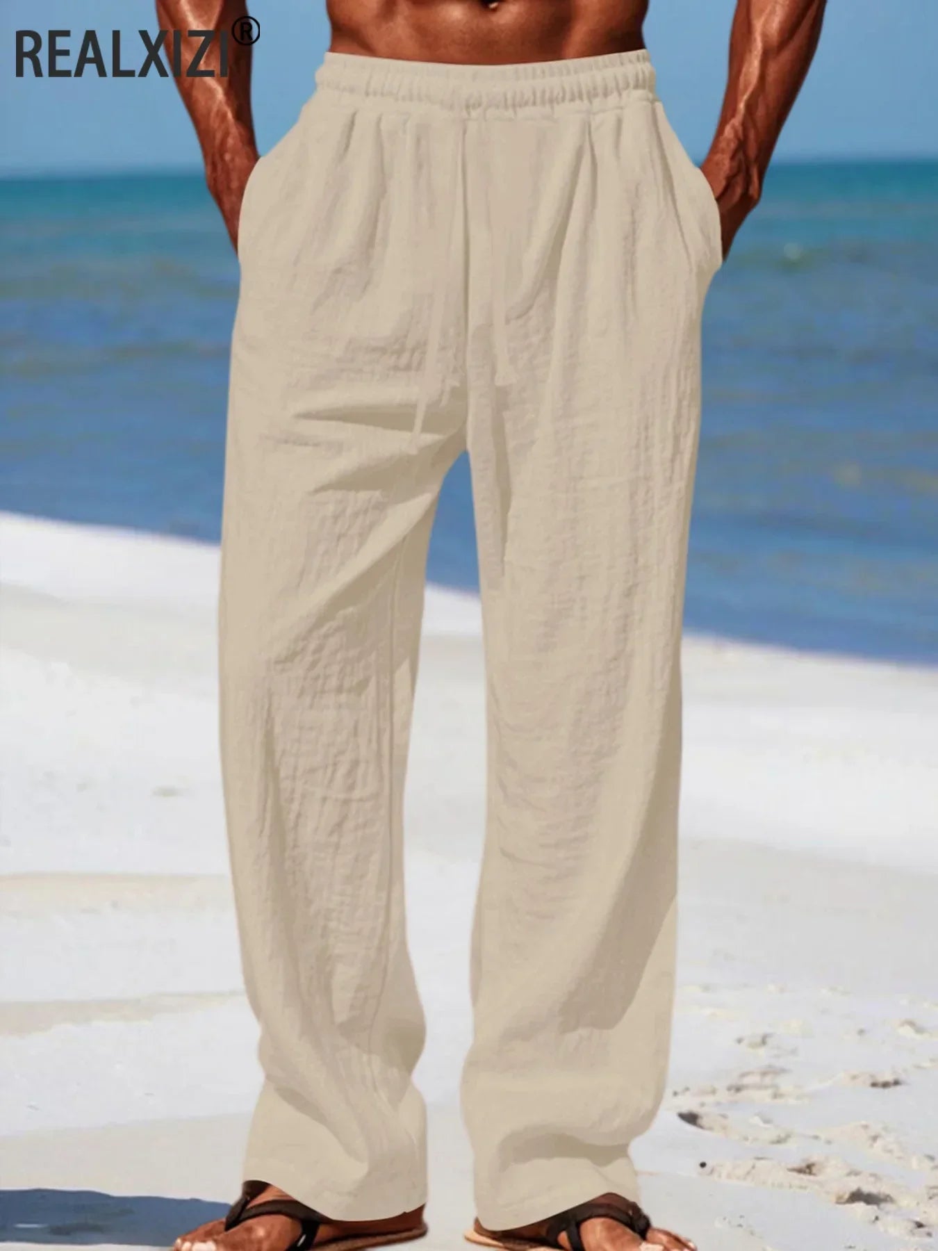 Men's Beach Pants Breathable Loose Straight Trousers Male Summer Casual Solid Color Streetwear Drawstring Long Pants