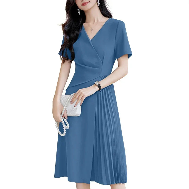 Summer Women Elegant OL Work Sundress V Nek Party Dress 2024 ZANZEA Fashion Short Sleeve Robe Femme Solid Pleated Midi Vestidos