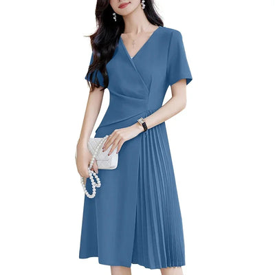 Summer Women Elegant OL Work Sundress V Nek Party Dress 2024 ZANZEA Fashion Short Sleeve Robe Femme Solid Pleated Midi Vestidos