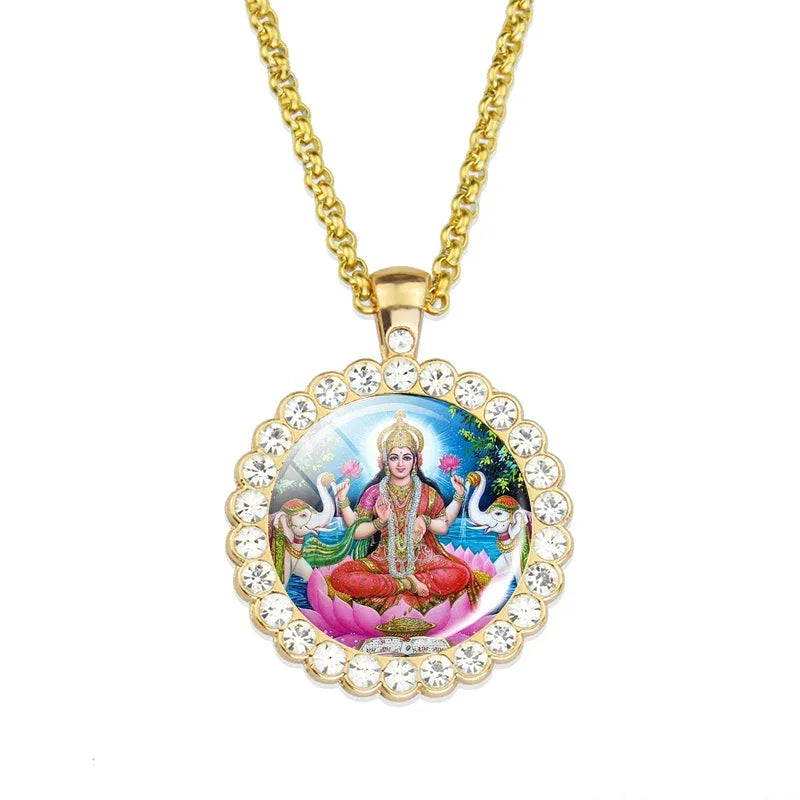 Shiva Parvati Necklace Hindu God Jewelry Vishnu Lakshmi Glass Rhinestone Pendant Chain Necklace Hinduism Jewelry