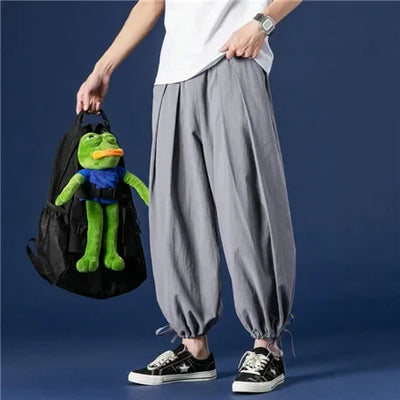 Wide leg Pants Men Streetwear Baggy Loose Pants M-8XL Plus size Ankle length Trousers cotton linen pants Black white khaki