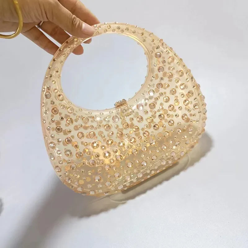 Diamond Women Bags Luxury Designer Handbags Rhinestones Box Transparent Acrylic Clutch Dresses Crescent Shoulder Crossbody Bag