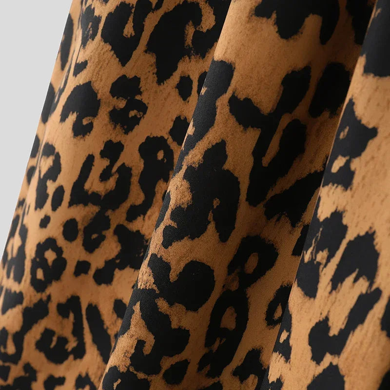 Men Wide Leg Pants Leopard Printing Drawstring Joggers Casual Trousers Men Streetwear 2025 Oversize Pleated Long Pants INCERUN