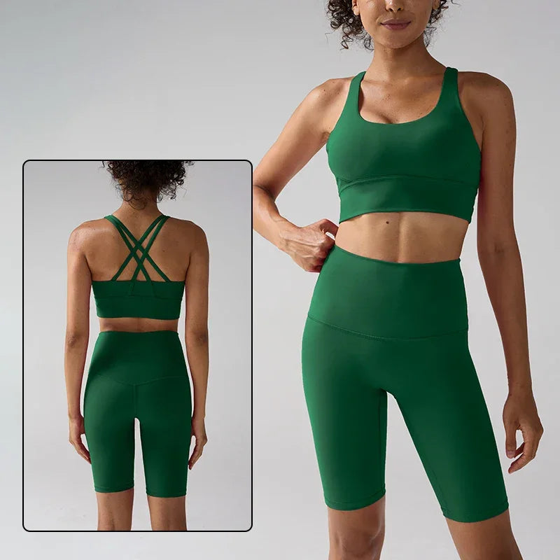 Women's 2 Piece Yoga Gym Sports Set Cross Back Bra Top & High Waist Shorts Fitness Running Workout Tracksuit👚