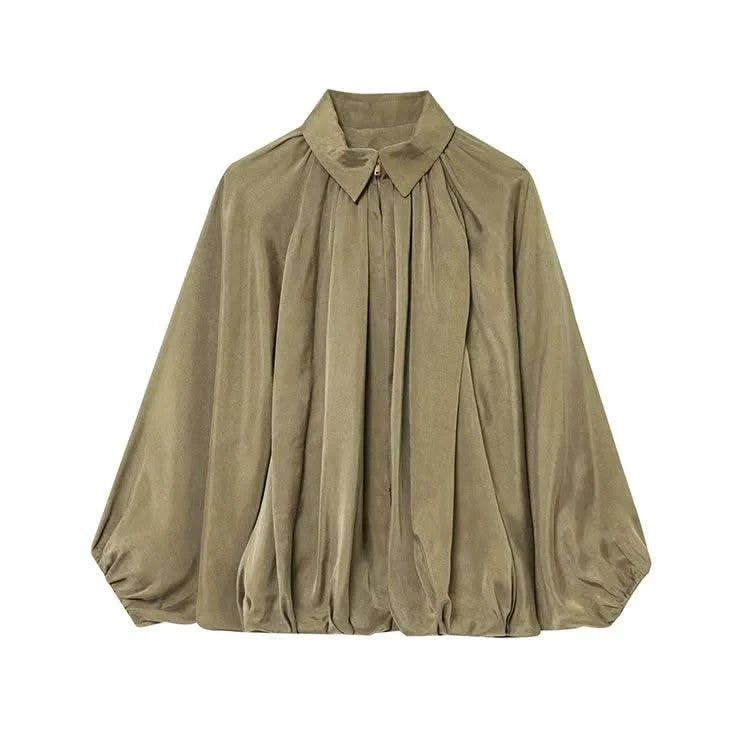 HipSeam Satin Bomber Jacket Women Casual Pleated Zipper Jackets