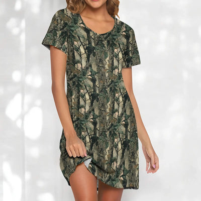 Women's Camo Print T-Shirt Dress Hunting Forest Graphic