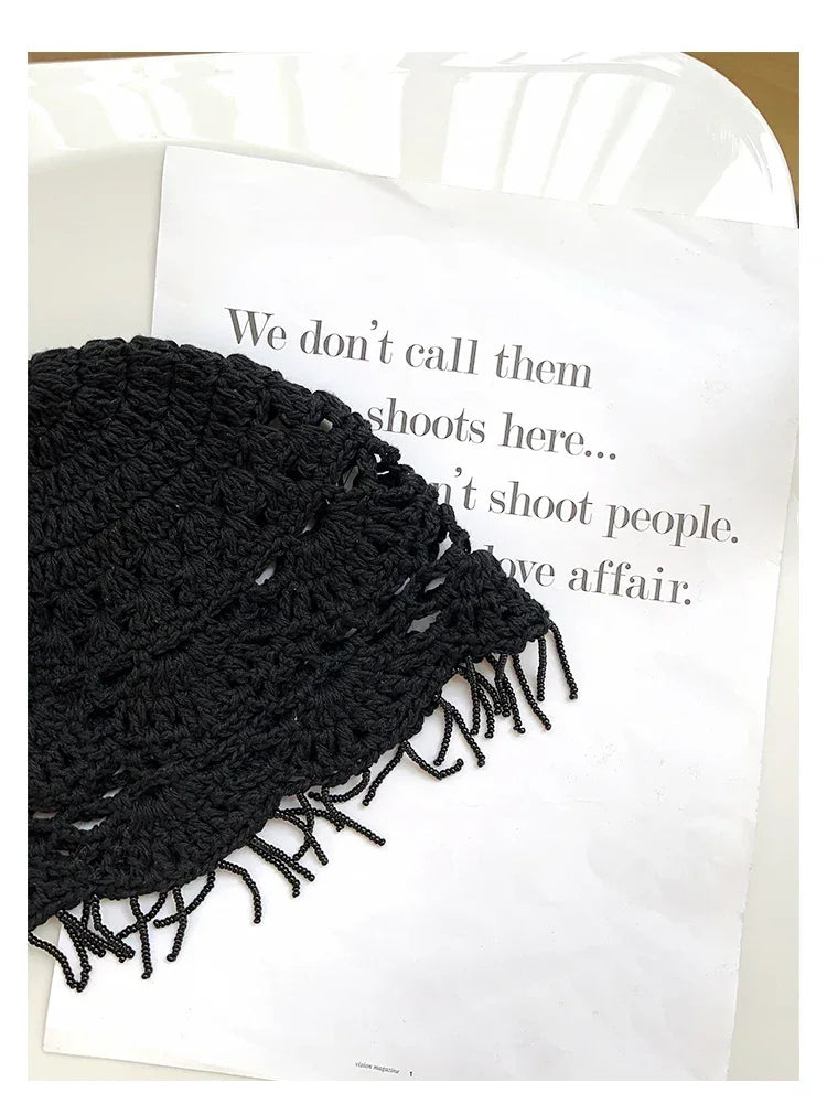 Personalized Beaded Fringed Knitted Beanies for Women Summer Autumn Thin Hollow Versatile Casual Retro Ethnic Style Pullover Hat