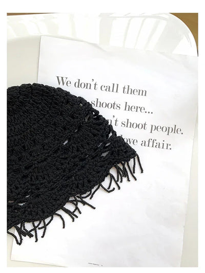 Personalized Beaded Fringed Knitted Beanies for Women Summer Autumn Thin Hollow Versatile Casual Retro Ethnic Style Pullover Hat