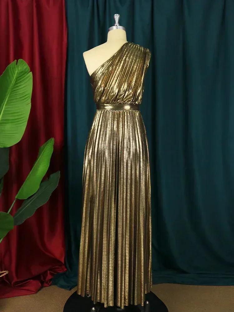 Elegant women even dresses luxury maxi long metallic pleated dress one shoulder sleeveless premium shiny shimmer gowns
