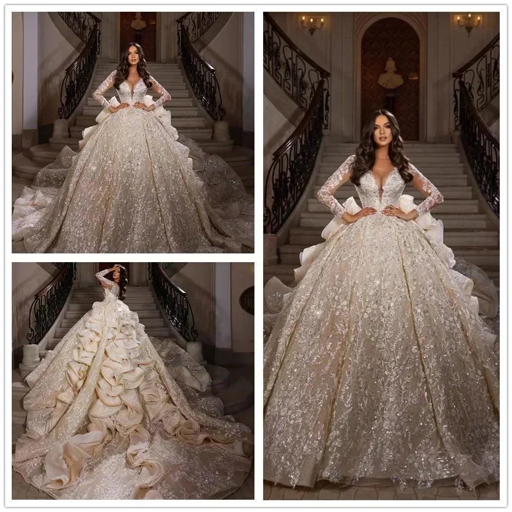 Wedding dress glitter sequins beading appliques cathedral bridal gown