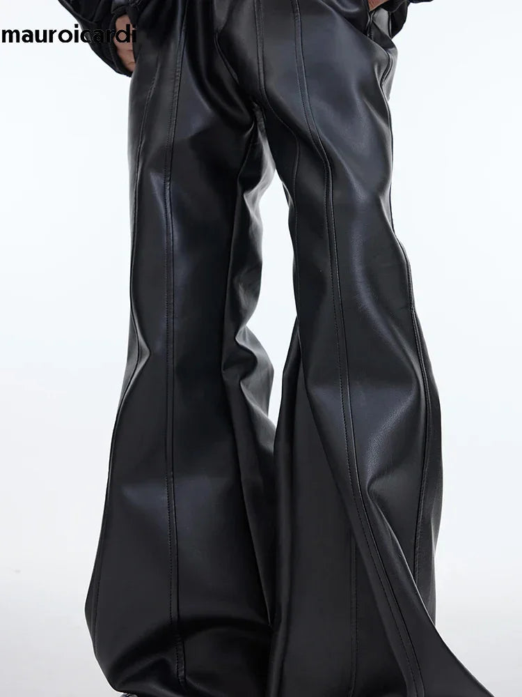 Mauroicardi Autumn Cool Handsome Long Black Matte Baggy Pu Leather Wide Leg Pants for Men High Waist Emo Luxury Designer Clothes
