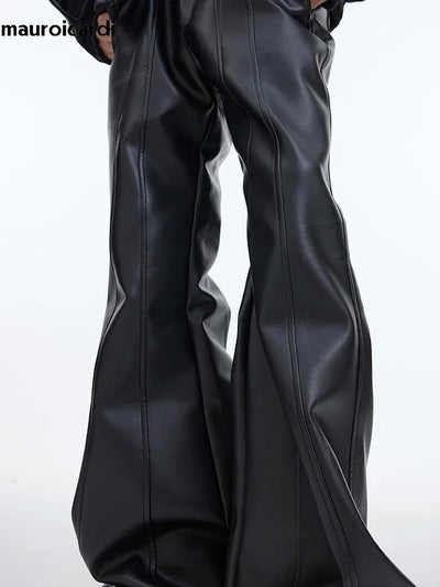 Mauroicardi Autumn Cool Handsome Long Black Matte Baggy Pu Leather Wide Leg Pants for Men High Waist Emo Luxury Designer Clothes