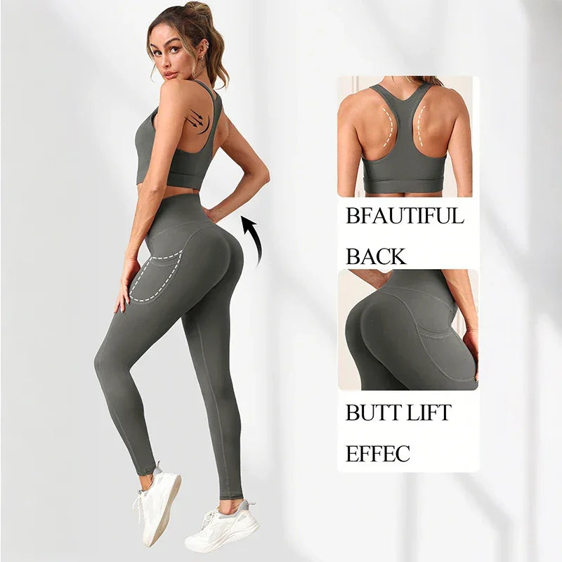 Women's Yoga Suit Cross-Back Sports Bra with Pads Control Leggings with Pockets