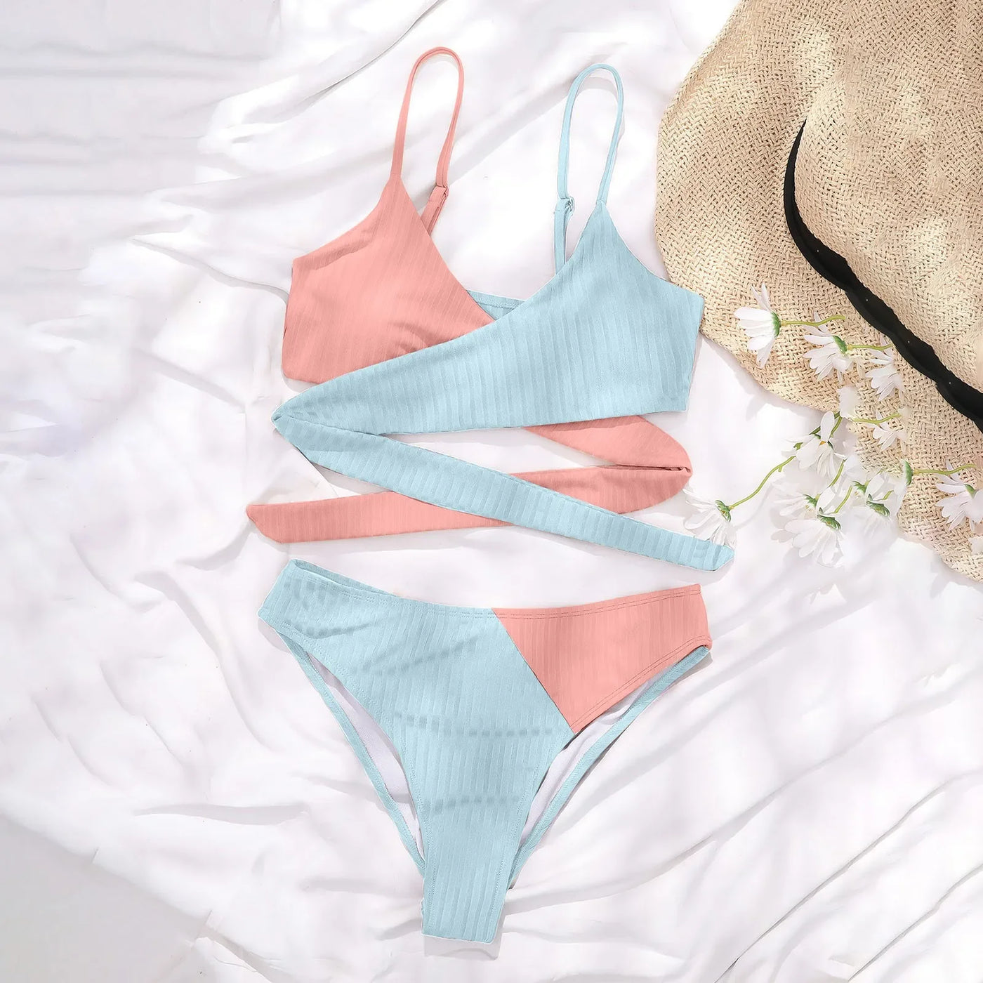 Summer Ladies Sexy High Waist Print Two Piece Bikini Sets Biquini Women Swimsuit Clothing Set Color Block Mujer Swimwear Suits