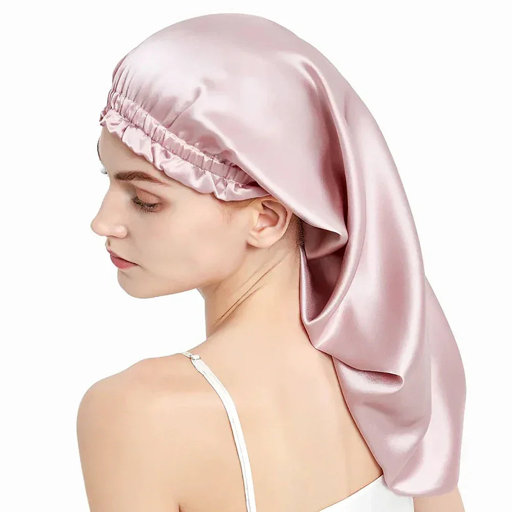 100% Pure Mulberry Silk Bonnet Sleep Hair Cap Long Bonnets Hair Wrap Adjustable Straps for Long Curly Hair Braid 19 Momme