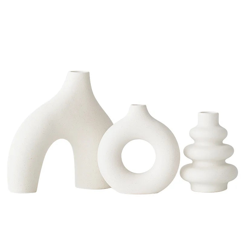 Bohemian Ceramic Vases Set of 3 White Round Geometric Design Handmade Terracotta Flower Pot Home Decor