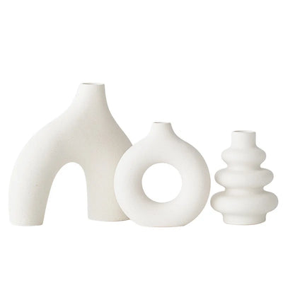 Bohemian Ceramic Vases Set of 3 White Round Geometric Design Handmade Terracotta Flower Pot Home Decor