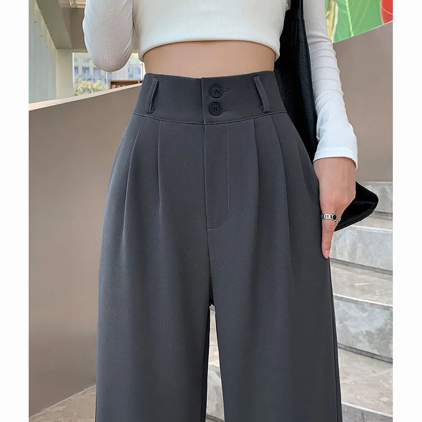 High Waist Wide Leg Pants for Women New Loose Straight Coffee Trousers Autumn Double Buttons Casual Suit Pants Female