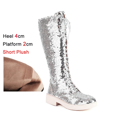 Knee-High Boots Women Flat Gothic Fashion Low Heel Shoes Autumn Winter Sequins Heels Bling Bling Silver Luxury Womens Long Boots