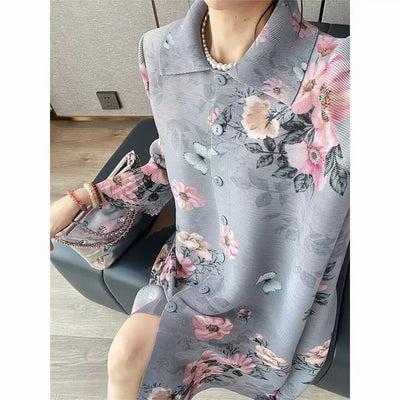 Womens Dresses Evening Dresses Fashion Holiday Style Printed Dress Spring/Summer Flower Folding Long Dress Loose Plus Size Skirt