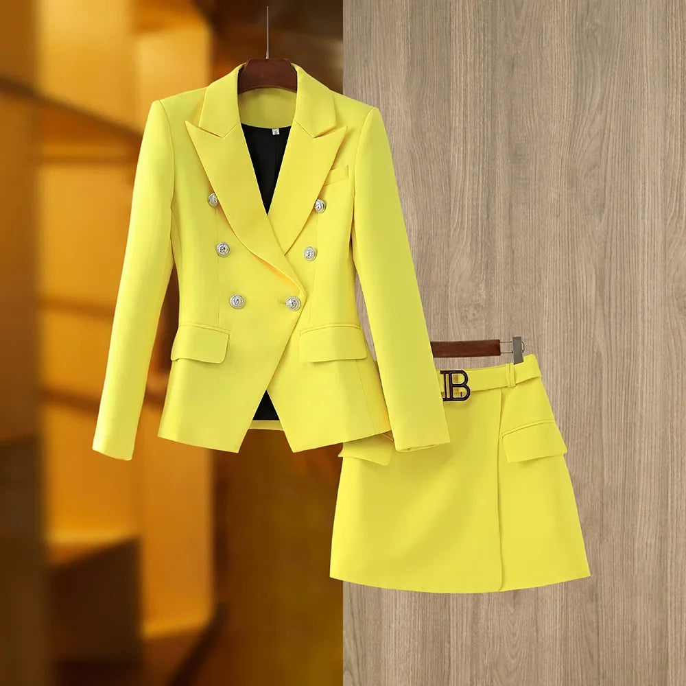New Arrival Elegant Style Lady Office Work Suit Double-breasted Long Sleeve Fitted Blazer A-line Pencil Mini Skirt Women 2Pcs