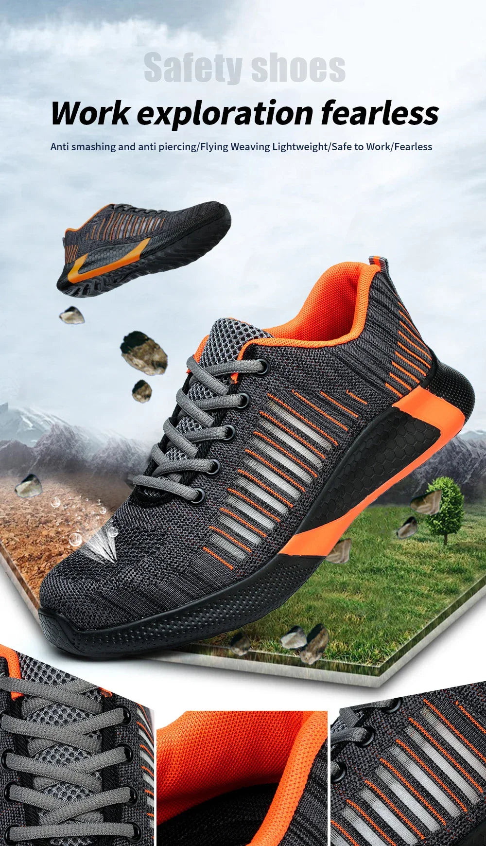 Men's Safety Shoes with Steel Toe Cap Anti-smash Work Sneakers Lightweight Puncture-Resistant Indestructible Breathable Footwear