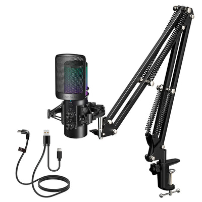 Gaming USB Microphone,Noise Cancellation Condenser mic,RGB Microphone with Mute,Gain,Monitoring,Boom Arm,Pop Filter for Phone,PC