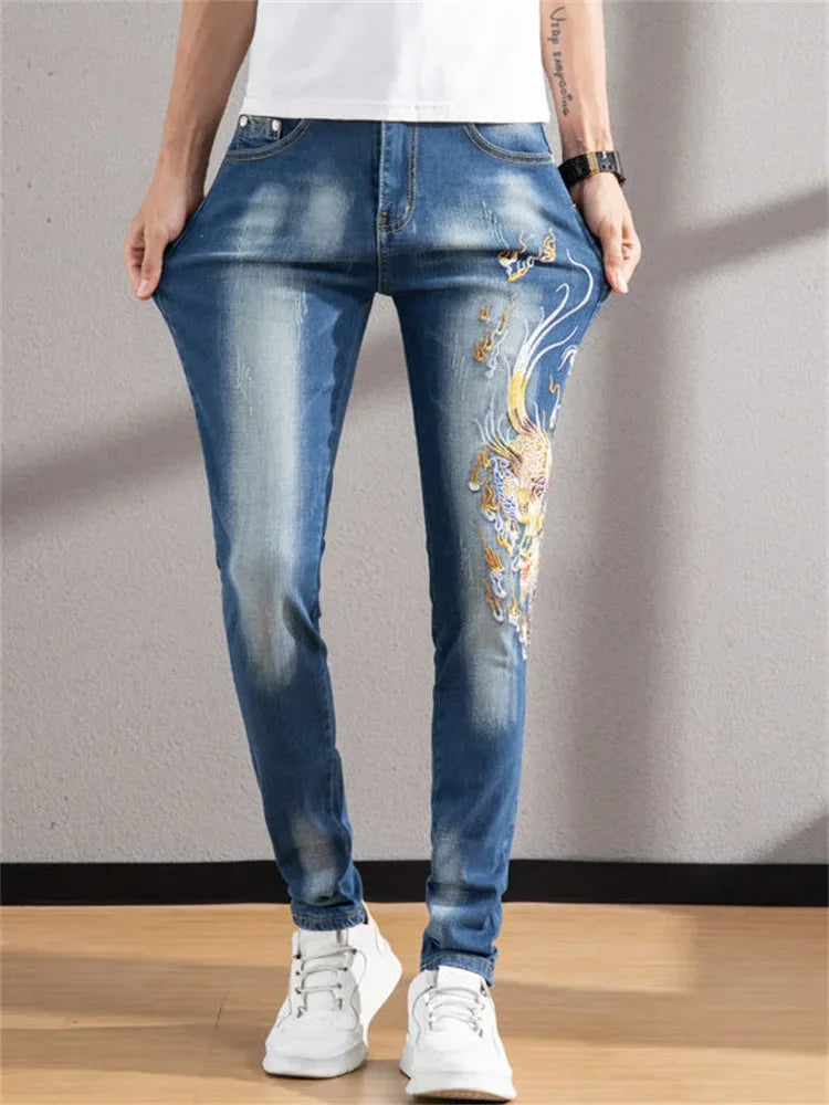 Men's Chinese Dragon Embroidery Jeans Fashion Kylin Embroidered Slim Pencil Pants Stretch Denim Trousers jeans for men pants