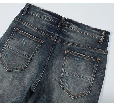 Fashionable new men's jeans with pleated elastic slim fit, retro washed blue jeans, high street designer hip-hop brand pants, ho