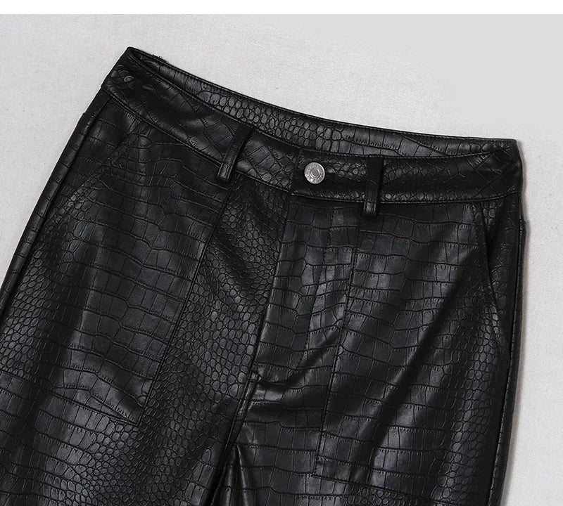 Lautaro Autumn Long Black Crocodile Texture Leather Pants Women Zipper High Waist Y2k Clothes Streetwear Women Trousers 2022