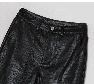Lautaro Autumn Long Black Crocodile Texture Leather Pants Women Zipper High Waist Y2k Clothes Streetwear Women Trousers 2022